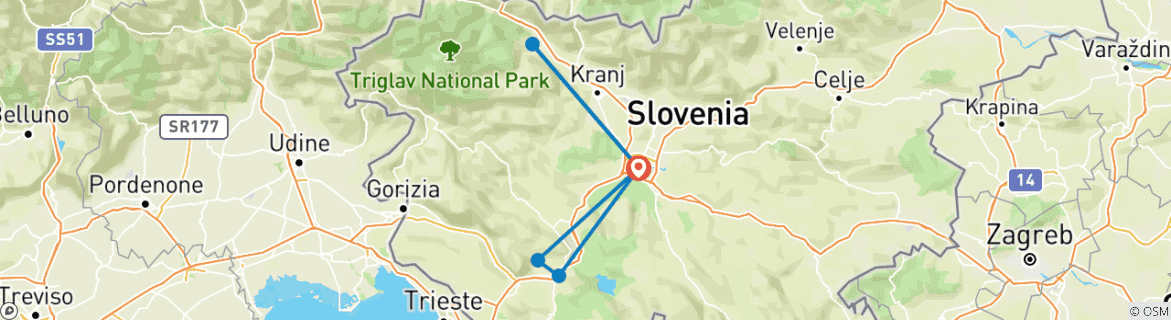 Carte du circuit Ljubljana avec le château de Predjama, la grotte de Postojna, le lac de Bled et le château de Ljubljana - 5 jours