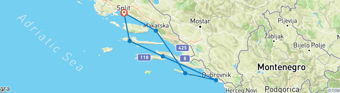 Image of a map showing the route of the tour