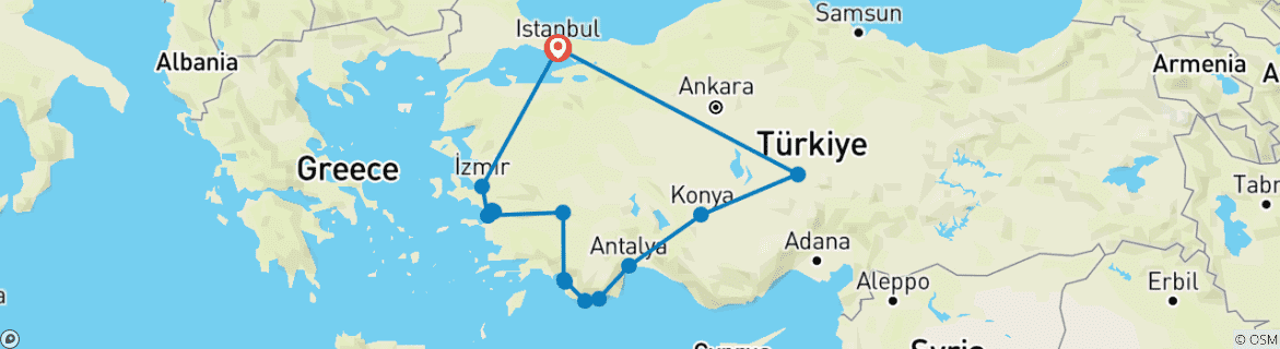 Image of a map showing the route of the tour