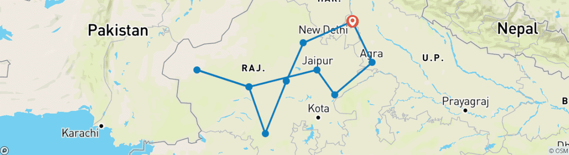 Image of a map showing the route of the tour