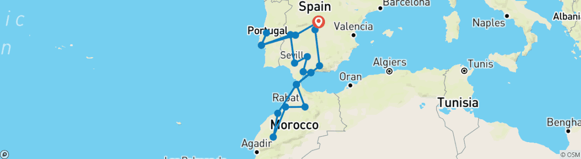 Image of a map showing the route of the tour