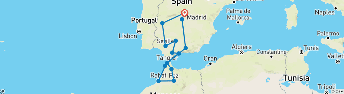 Image of a map showing the route of the tour
