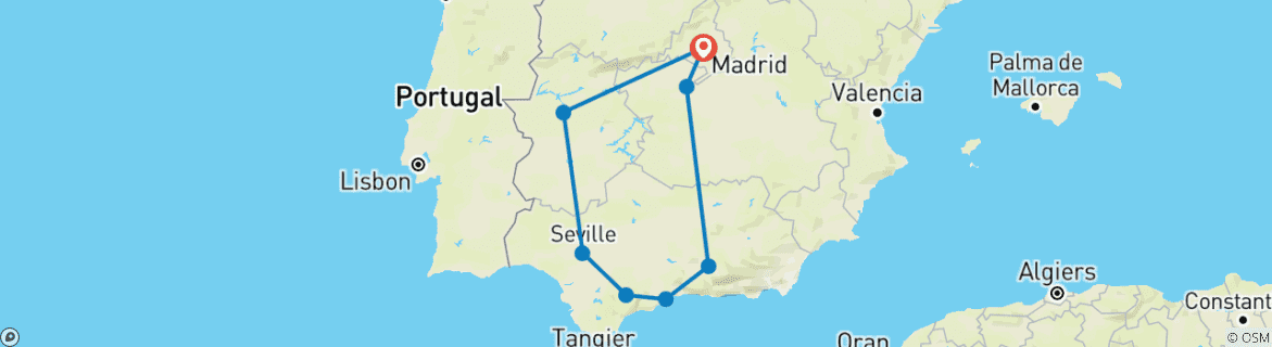 Image of a map showing the route of the tour