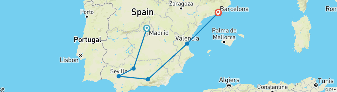 Image of a map showing the route of the tour