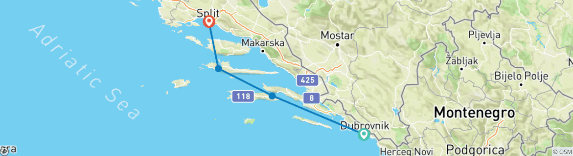 Image of a map showing the route of the tour