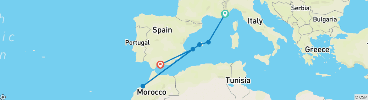 Image of a map showing the route of the tour