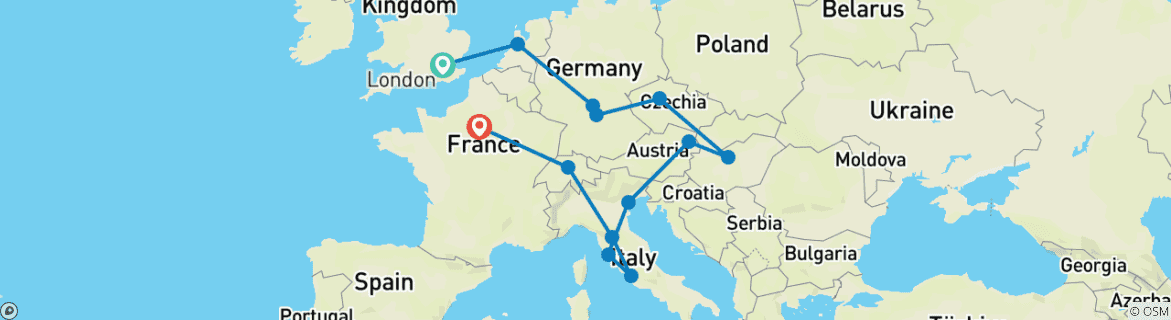 Image of a map showing the route of the tour