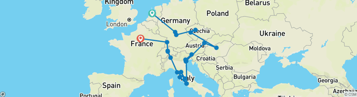 Image of a map showing the route of the tour