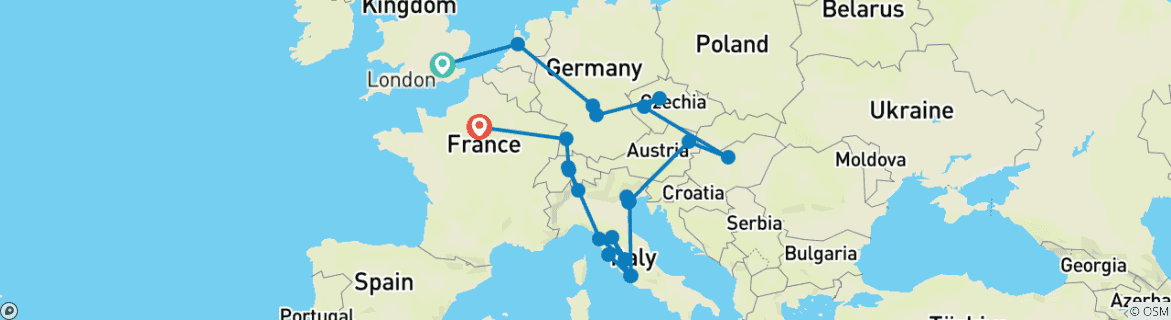 Image of a map showing the route of the tour