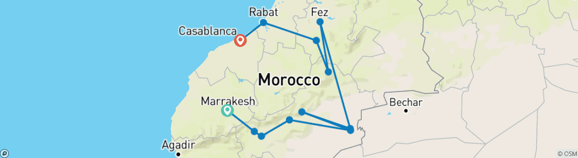 Image of a map showing the route of the tour
