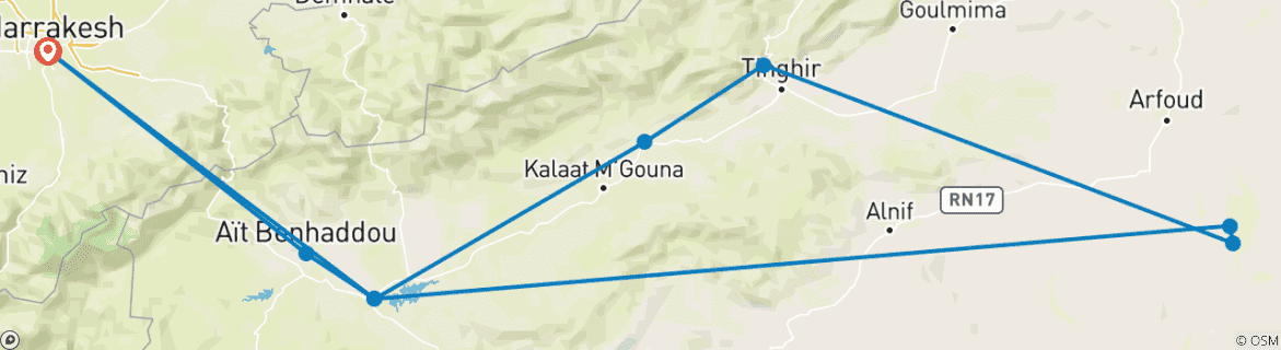 Image of a map showing the route of the tour