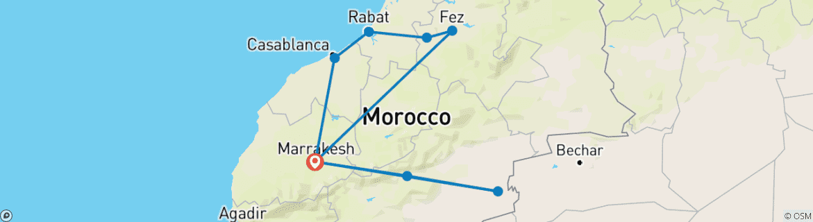 Image of a map showing the route of the tour