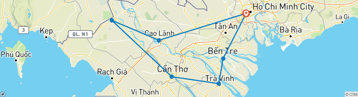 Image of a map showing the route of the tour