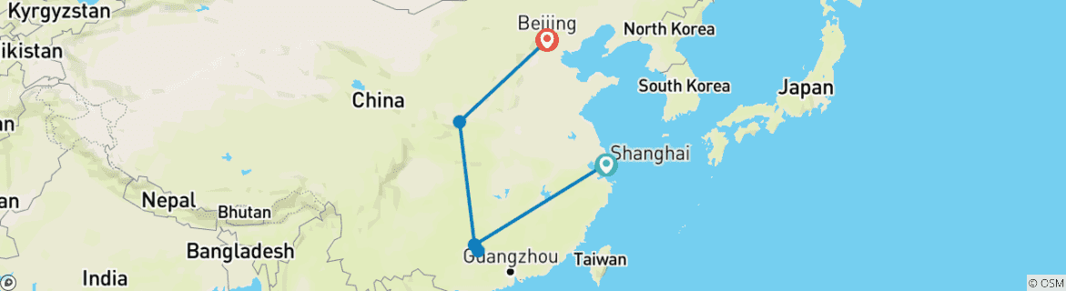 Image of a map showing the route of the tour