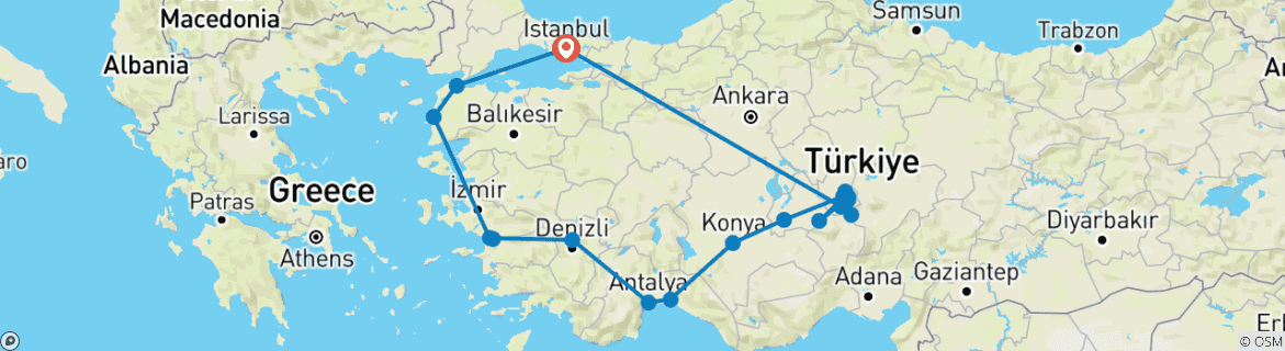 Image of a map showing the route of the tour