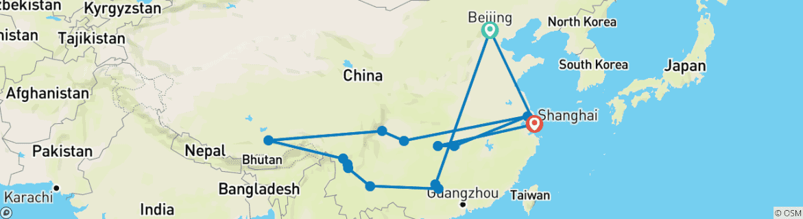 Image of a map showing the route of the tour