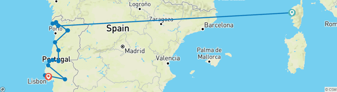Image of a map showing the route of the tour