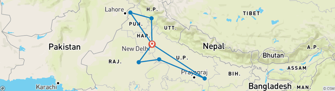 Image of a map showing the route of the tour