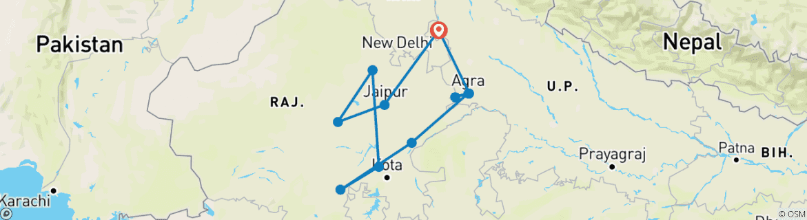 Image of a map showing the route of the tour