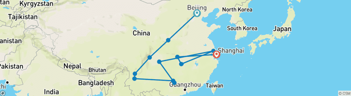 Image of a map showing the route of the tour