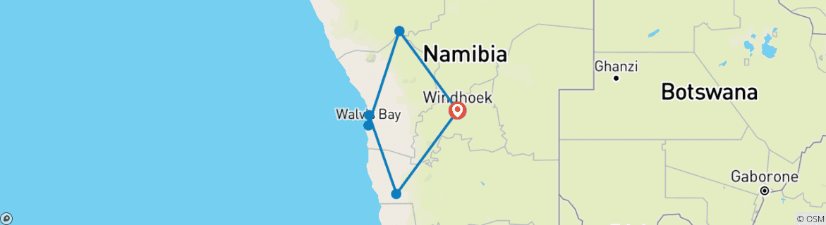 Image of a map showing the route of the tour