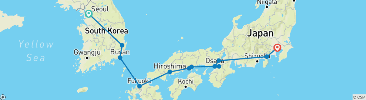 Image of a map showing the route of the tour