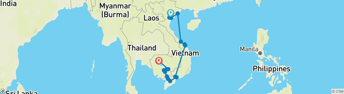 Image of a map showing the route of the tour