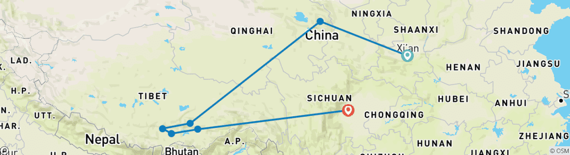 Image of a map showing the route of the tour