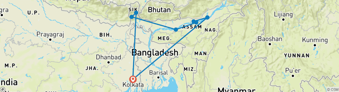 Image of a map showing the route of the tour