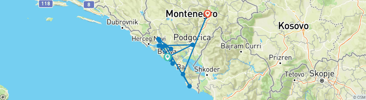 Image of a map showing the route of the tour