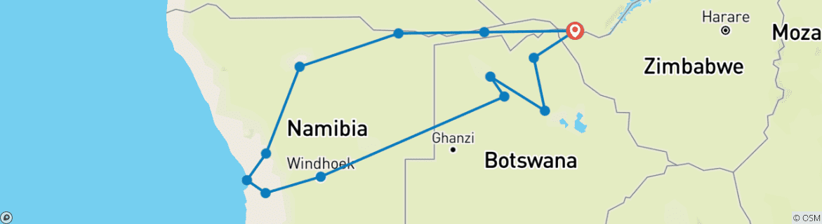 Karte von Wüste, Felsmalereien und Victoriafälle (einschließlich Spitzkoppe)