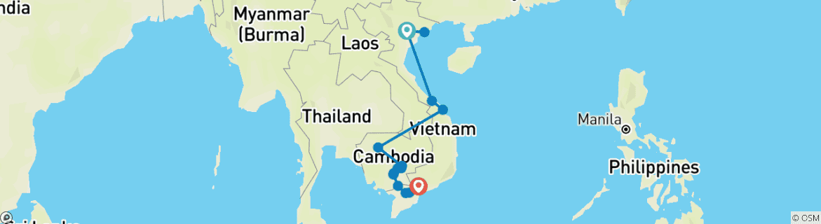Image of a map showing the route of the tour