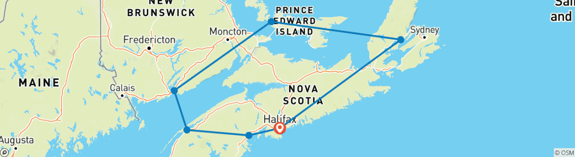 Image of a map showing the route of the tour