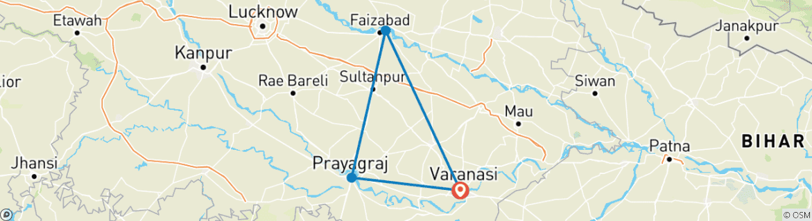 Image of a map showing the route of the tour