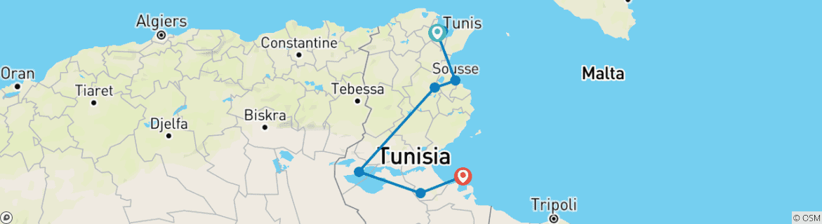 Image of a map showing the route of the tour