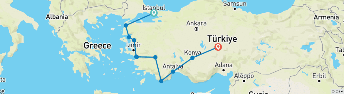 Image of a map showing the route of the tour