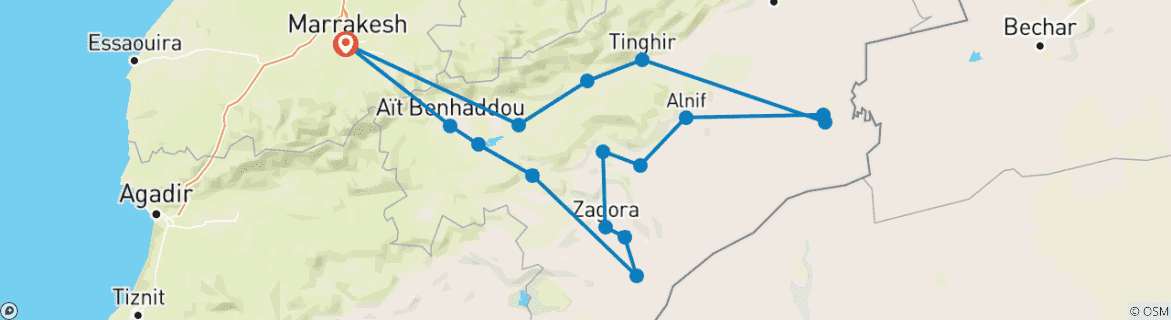 Image of a map showing the route of the tour