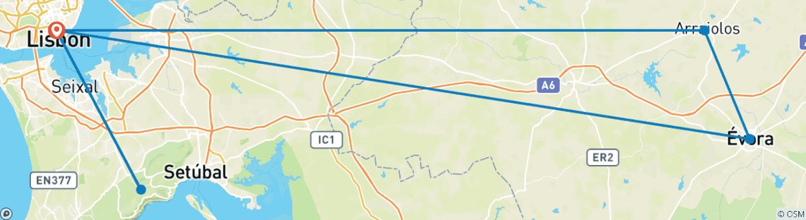 Image of a map showing the route of the tour