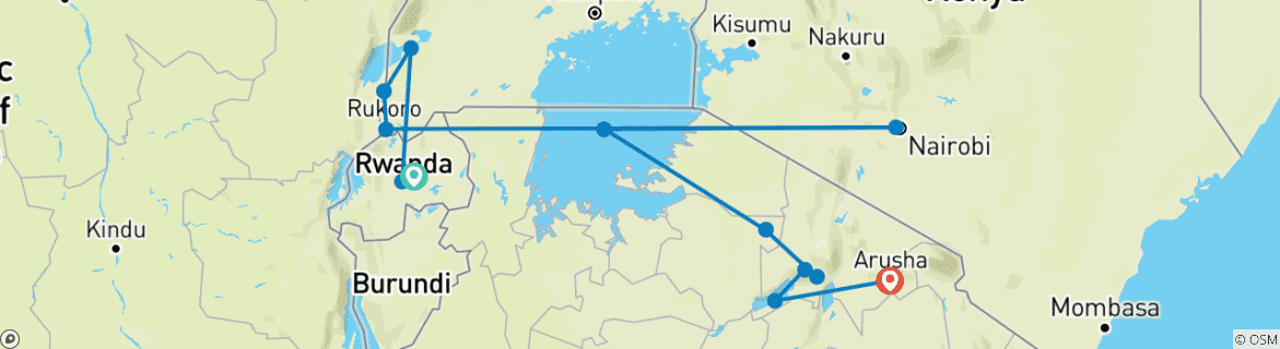 Image of a map showing the route of the tour