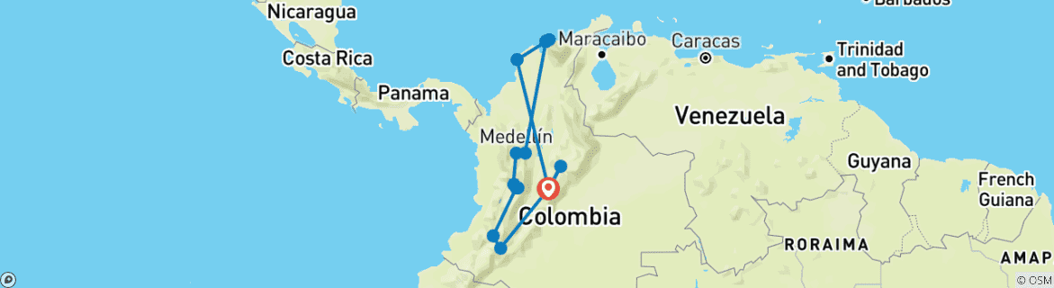 Image of a map showing the route of the tour