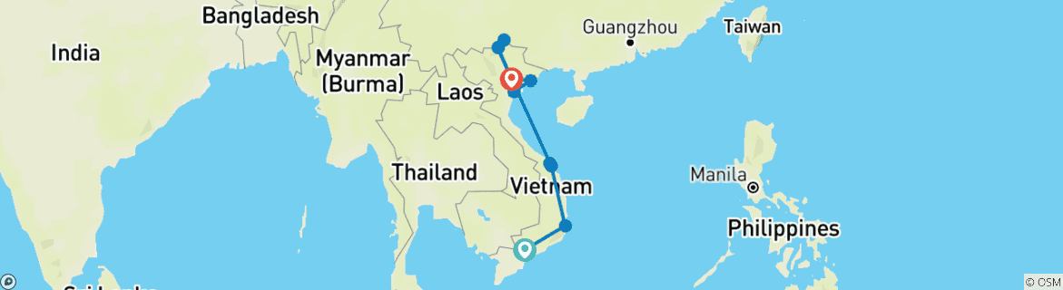 Image of a map showing the route of the tour