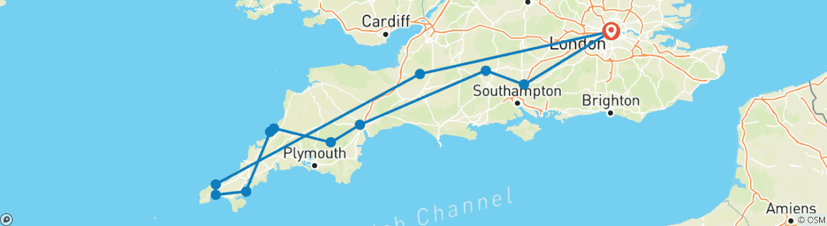 Image of a map showing the route of the tour