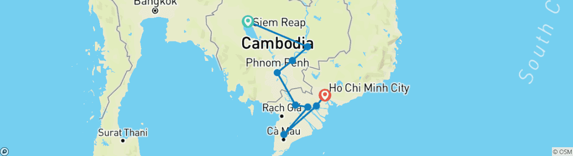 Image of a map showing the route of the tour