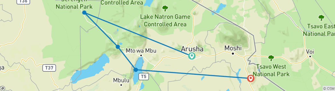 Image of a map showing the route of the tour