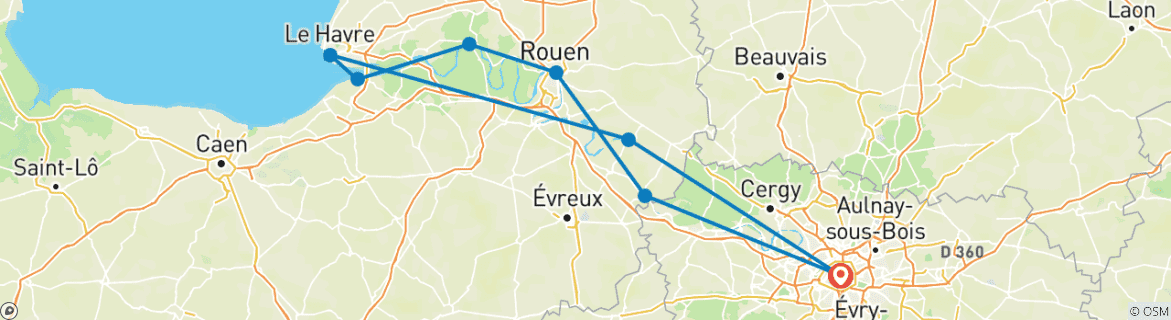 Image of a map showing the route of the tour