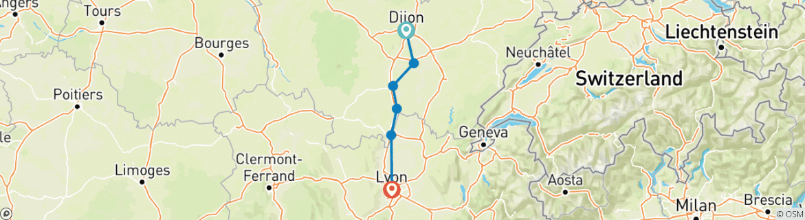 Image of a map showing the route of the tour