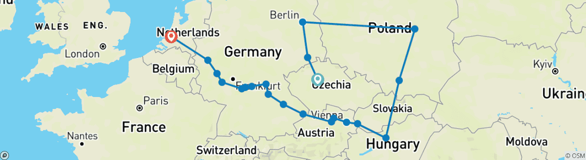 Image of a map showing the route of the tour
