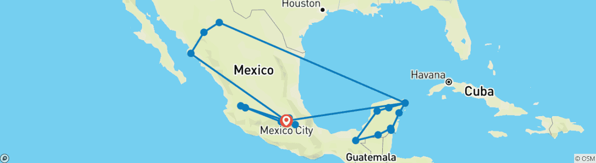 Image of a map showing the route of the tour