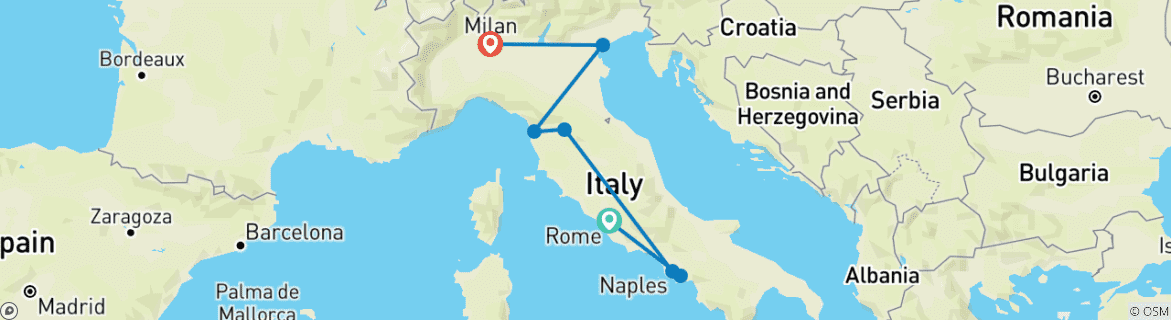 Image of a map showing the route of the tour