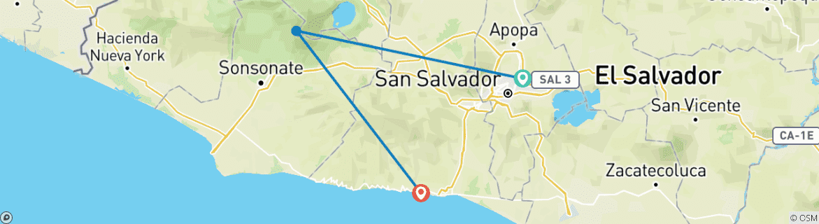 Image of a map showing the route of the tour